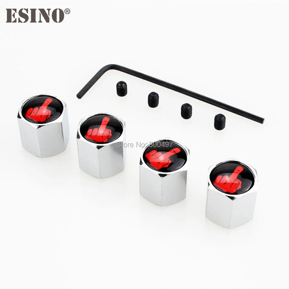 Tapas de vástagos de válvula de neumático de rueda inoxidable antirrobo de dedo medio divertido, estilo de coche, 4 x