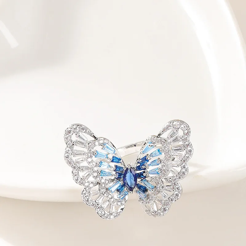 Fashionable and super fairy sweet fragrance style diamond crystal butterfly adjustable open ring women's niche high-end jewelry