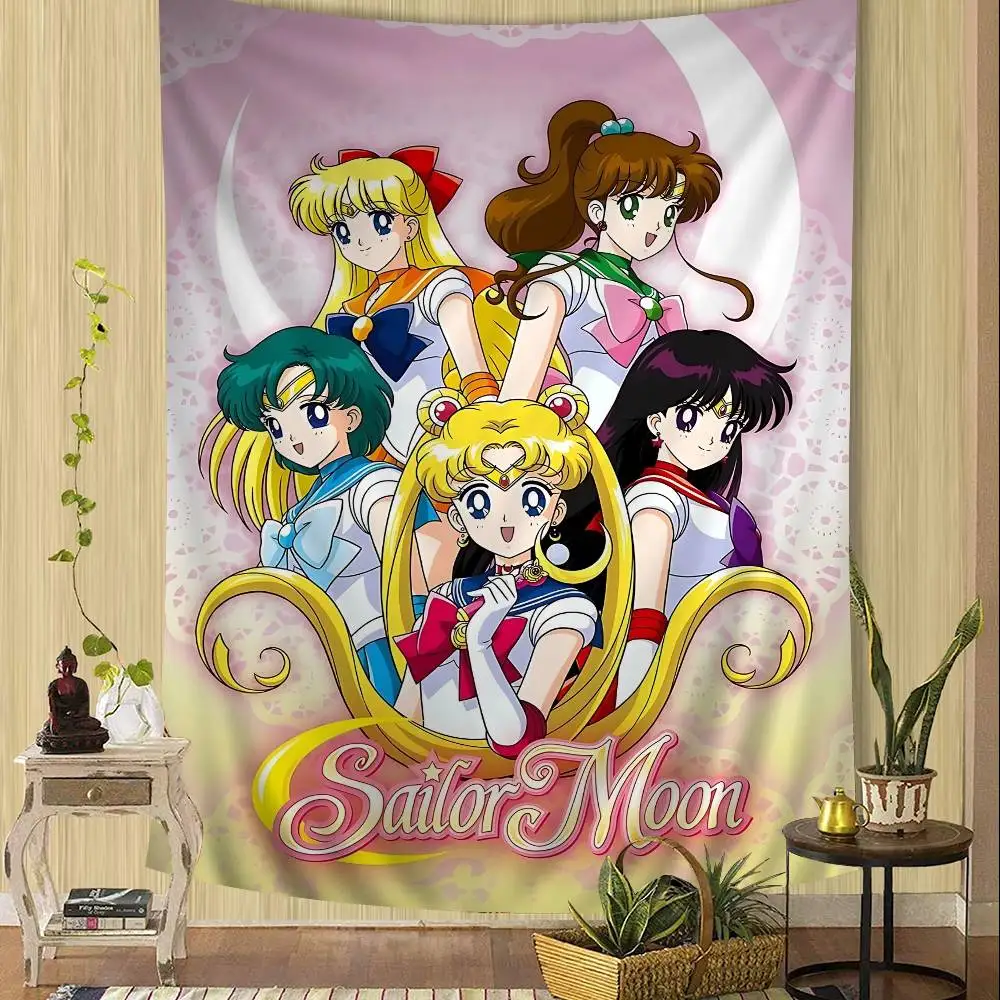 Sailor Moon Main Characters Wall Tapestry - Pastel Pink Background, Whimsical Room Decor for Classic Magical Girl Anime Fans