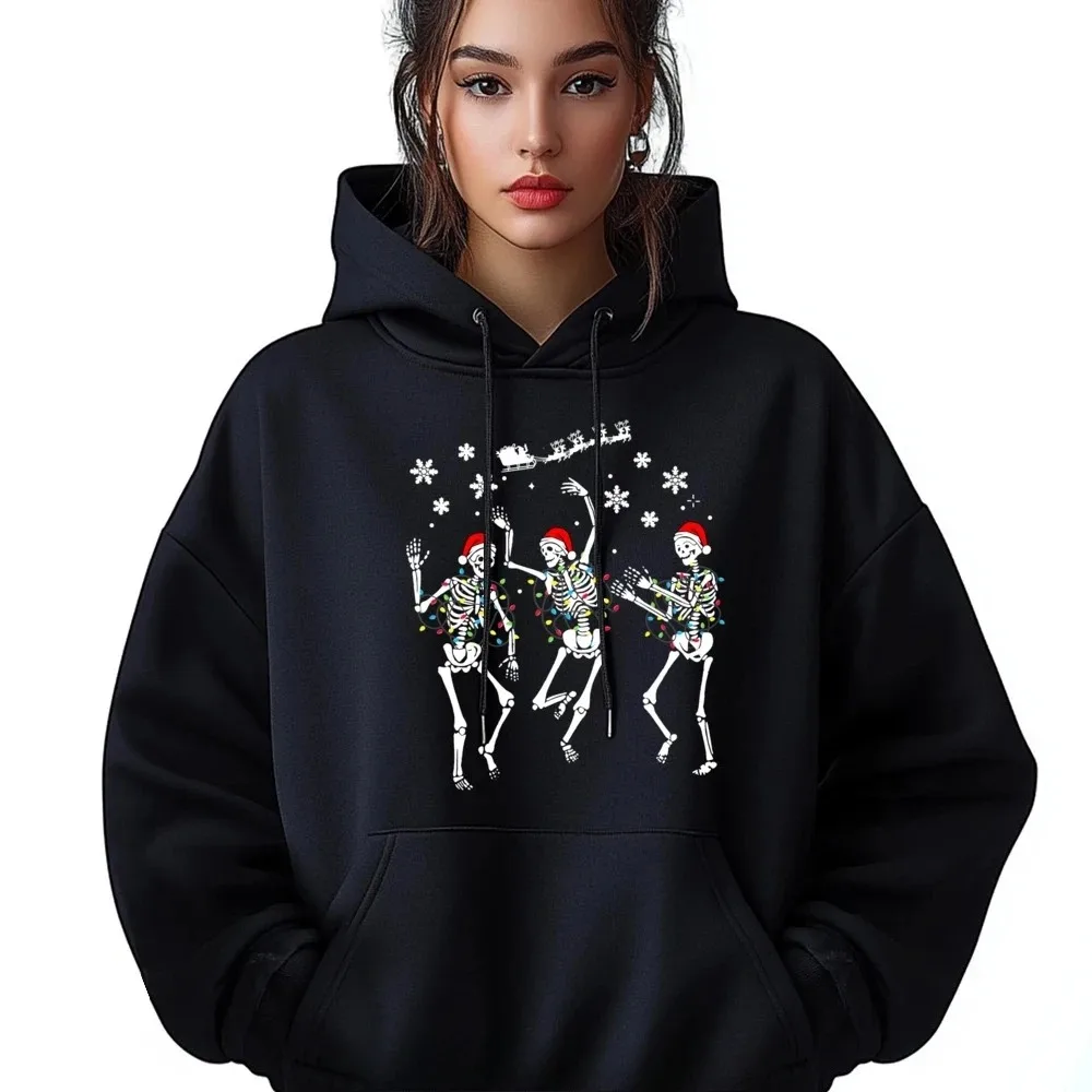 Christmas Tree Light Skull Skeleton Dancing Harajuku Women Hoodie Graphic Print Loose Women's Oversize Autumn Winter Sweatshirt
