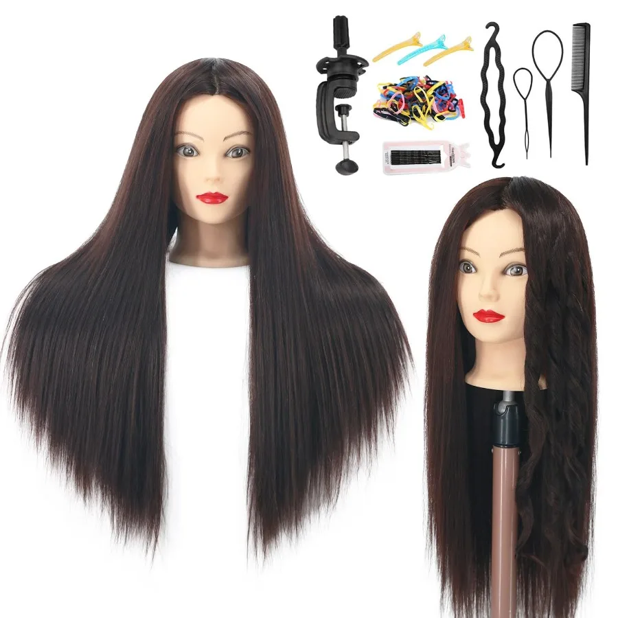 

Голова манекена с 80 настоящими человеческими волосами, 2628 дюймов, темно-каштановые волосы для косметологического обучения и практики укладки волос, включает Cl