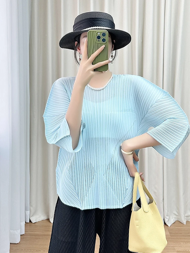 

Повседневный женский топ с круглым вырезом и коротким рукавом, летняя новинка, из шелковой смеси, прямого кроя, для офиса и повседневной носки, с омолаживающим эффектом