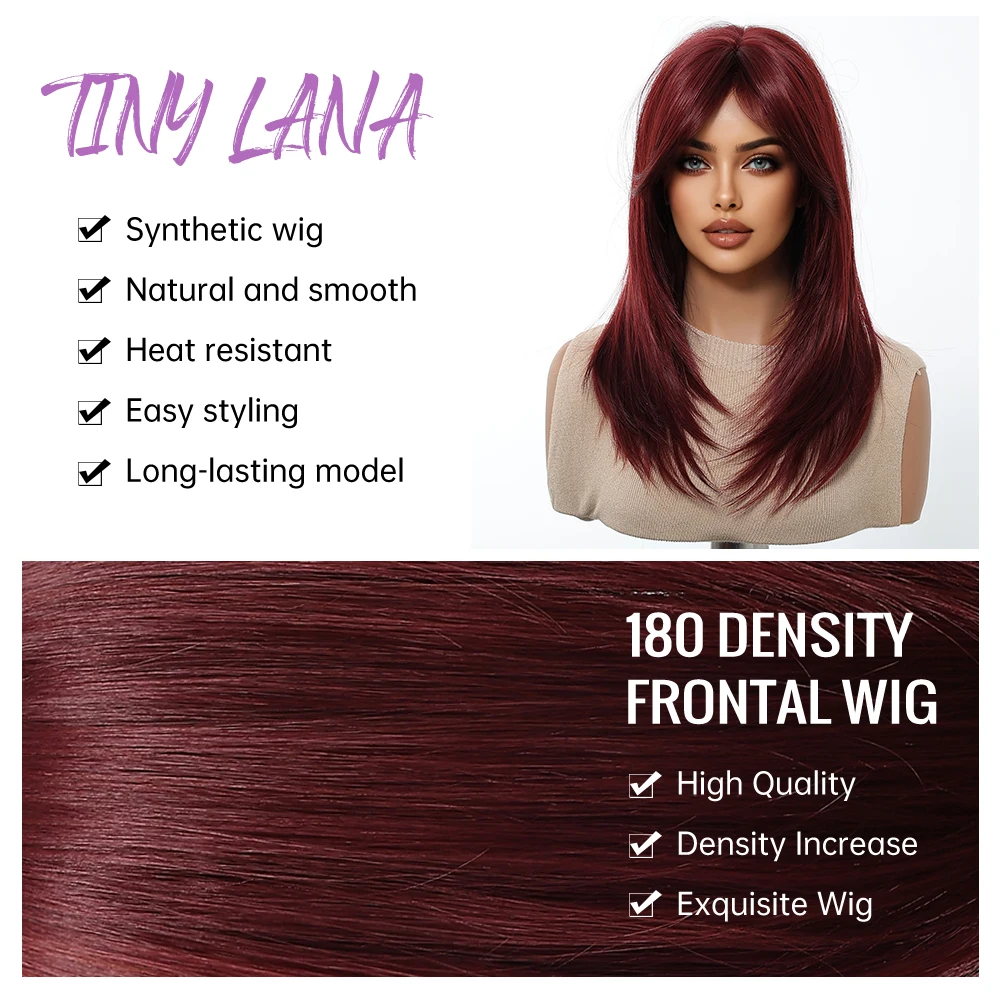 باروكات صناعية طويلة باللون الأحمر الخمري، شعر مستعار للحفلات التنكرية بطبقات مستقيمة يوميًا مع غرة للنساء، شعر طبيعي مقاوم للحرارة