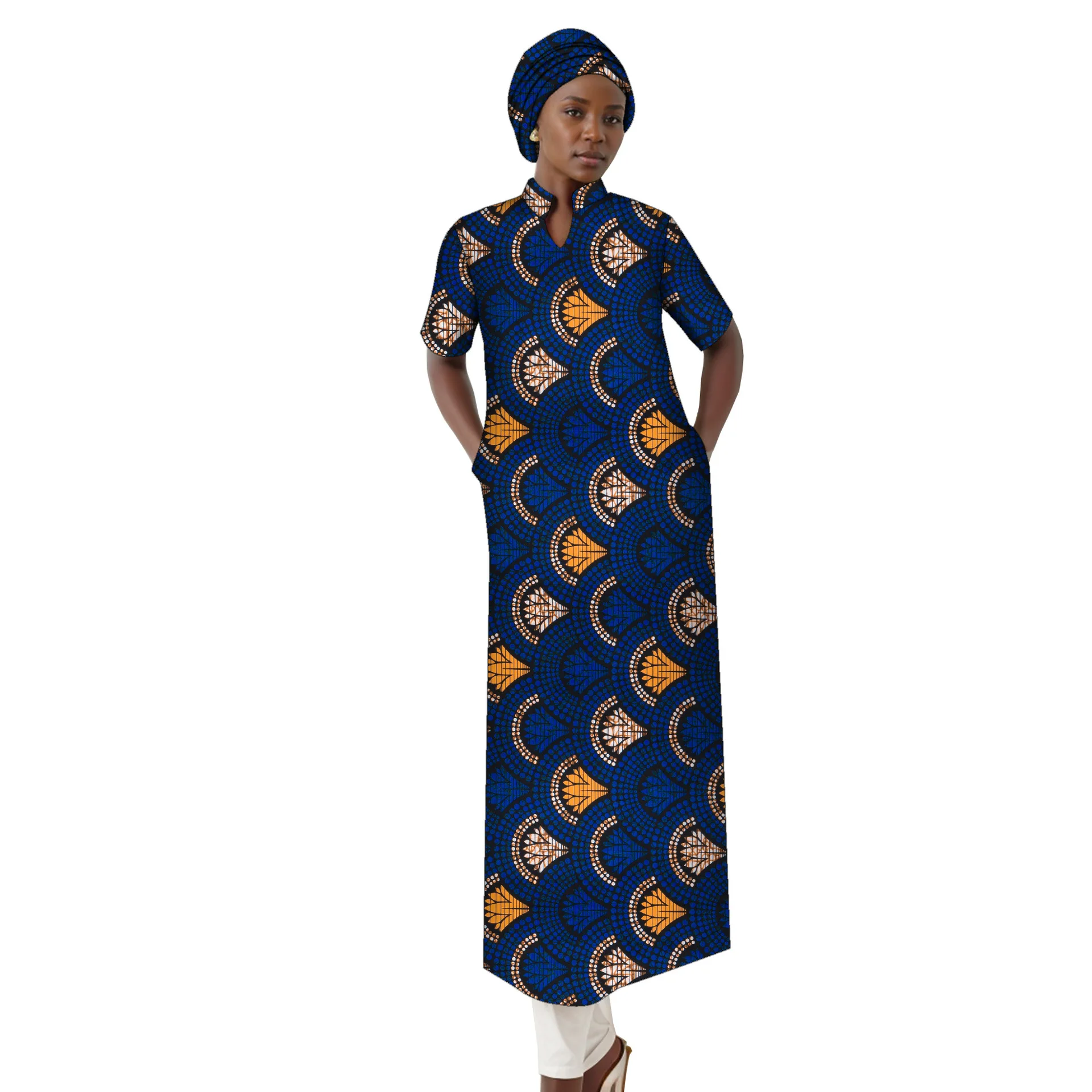 African Dresses for Women Half Sleeve High Waist Ankara Attire Maxi Dress Traditional Clothes Print Party Outfits Church Robe