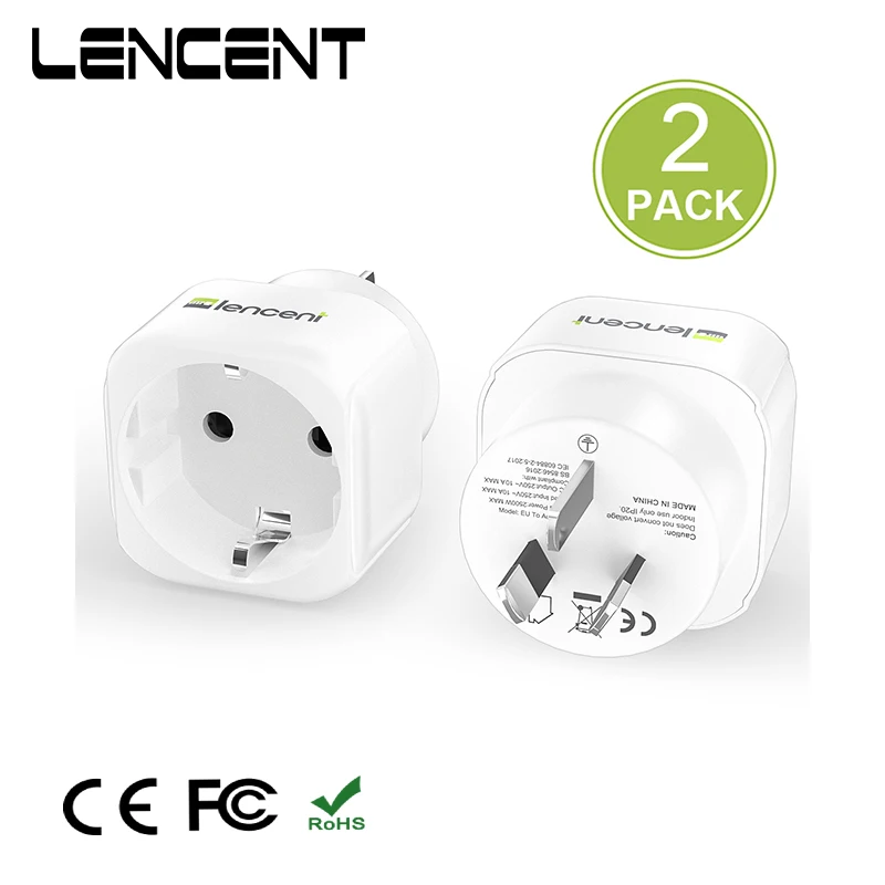 LENCENT 2 Pack EU to AU  Travel Adapter Overload Protection Wall Charger Spanish 2-Pin Europe to 3-Pin AU for Travel /Home