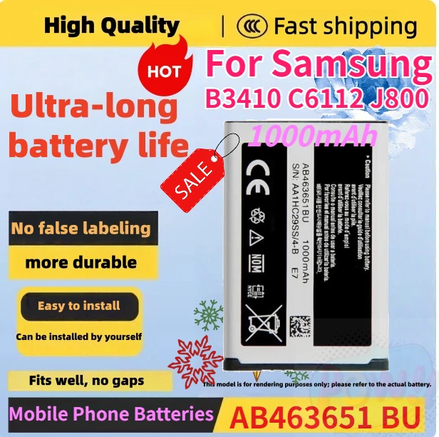 

High-Quality 1000mAh AB463651 BE/AB463651 BU Mobile Phone Battery for Samsung B3410 C6112 J800 Rechargeable Batteries