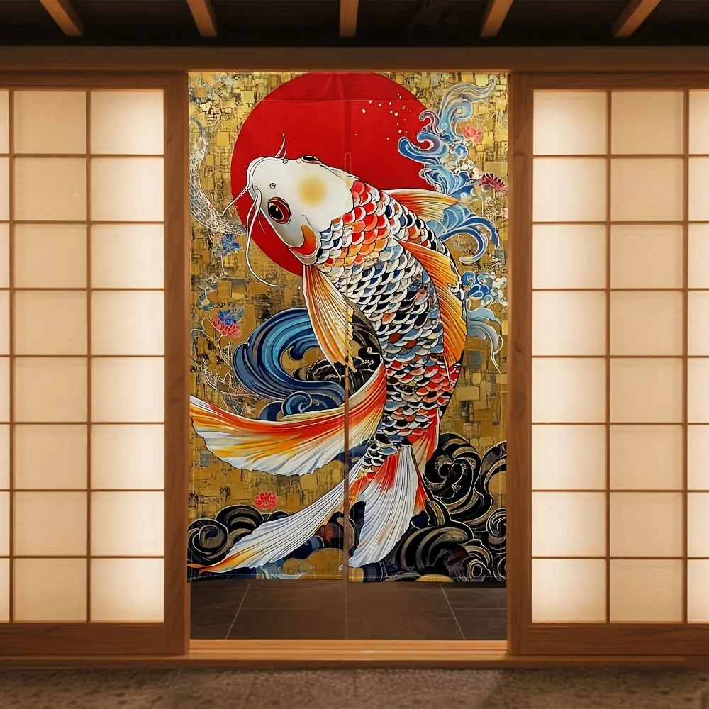 japanese koi fish noren door curtain red sun wave pattern golden background art Can be used as a partition non-toxic material