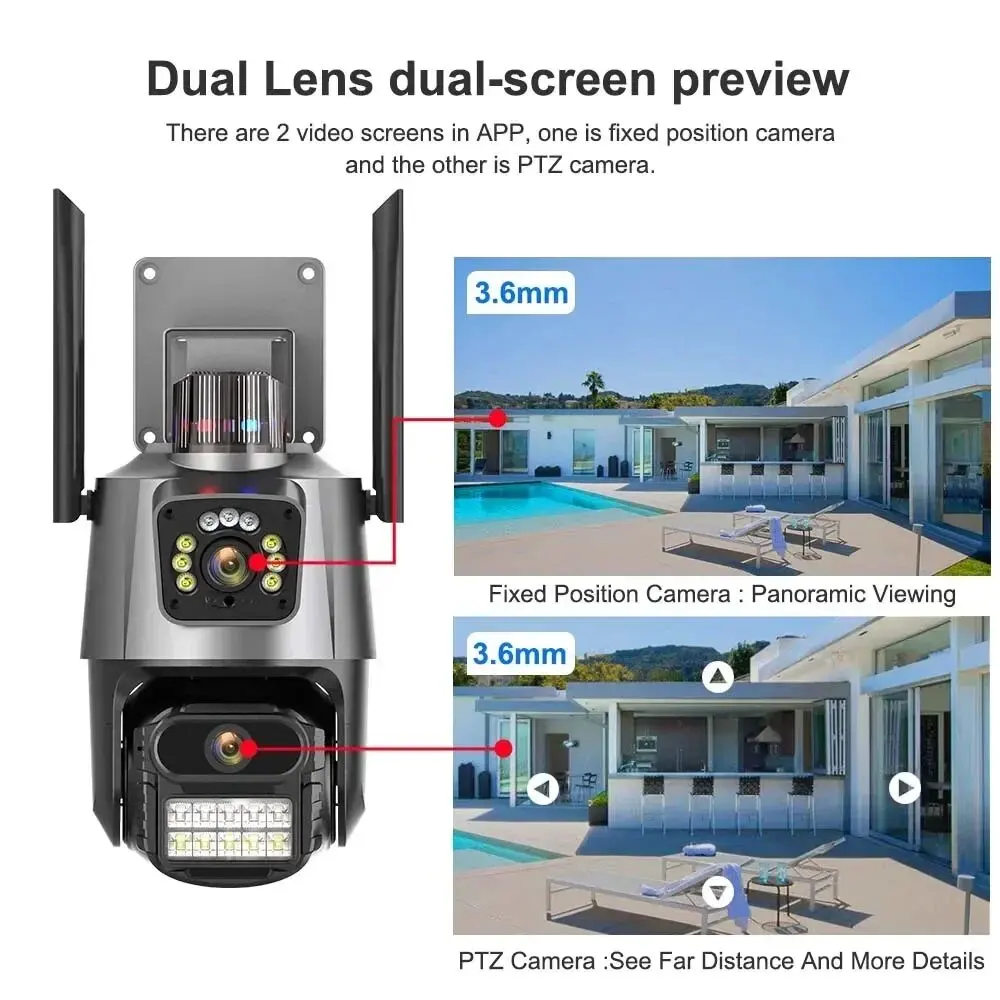 4MP Outdoor WiFi Camera 4K Video Surveillance Dual Screen PTZ Security CCTV System Dual Lens Wireless Home Surveillance PIX
