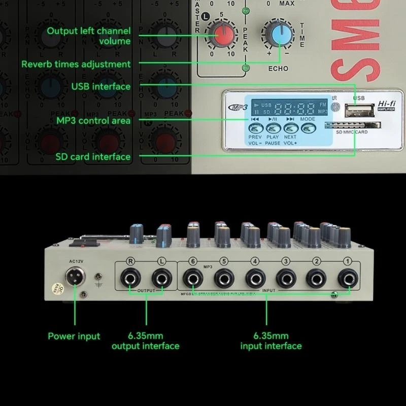 

Y2GD Professional 6 Digital Mixer Microphones Recording DJ Mixer Stage Bluetooth-compatible sound Speaker Set Equipment