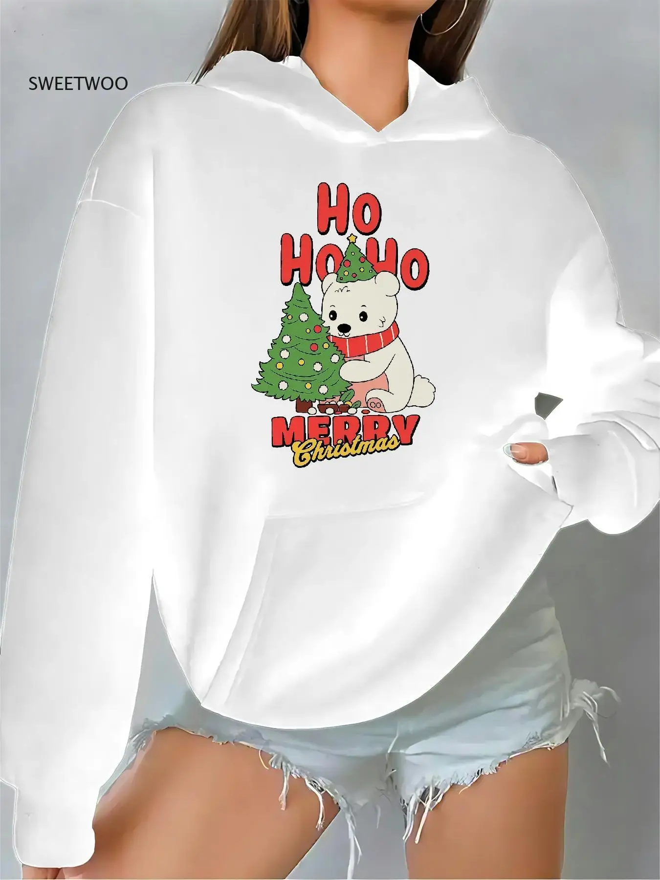 

Women's Hooded Sweatshirt with Cute & Reindeer Puppy Pocket,merry Xmas Lettering, Casual Winter Wear for Holiday Parties