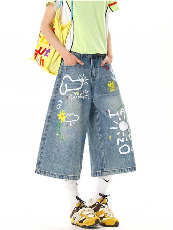 American Style Graffiti Print Loose Wide Leg Jeans Women's Summer New Seven-Five-Length Casual High Waist Zipper Jeans