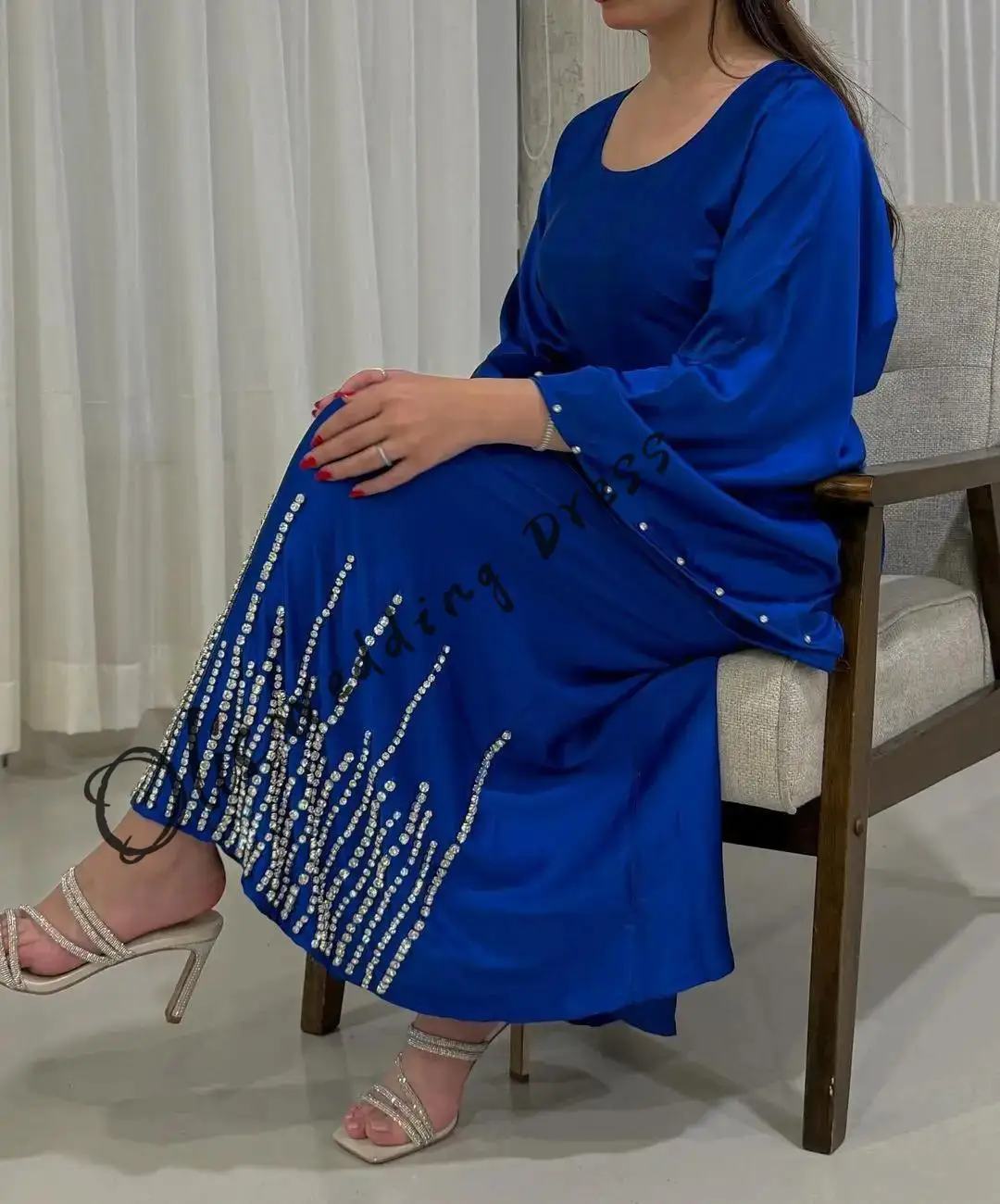 

customized Long Sleeves Prom Dresses Scoop Neck Crystals Ankle Length Party Dresses Formal Evening Dresses