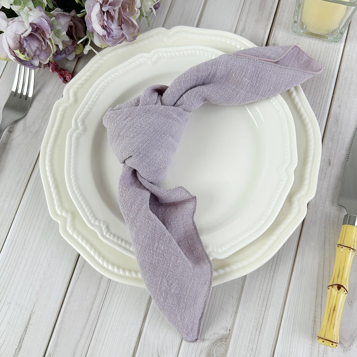 10pcs 30x30cm Retro Gauze Cotton Napkin Dusty purple Sewing Edge Tea Towel Wedding Party Christmas Table Decor Burrs napkins