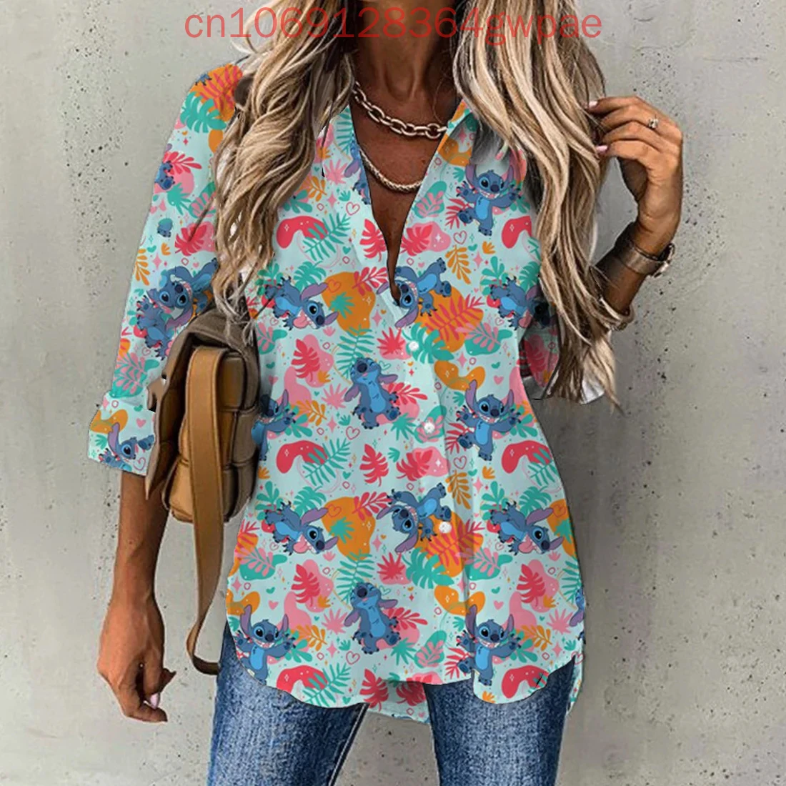 2025 Disney Stitch Casual blouse Dames shirt met lange mouwen Knopvest Elegant 3D Ademend Dames Hawaiiaanse shirts Tops