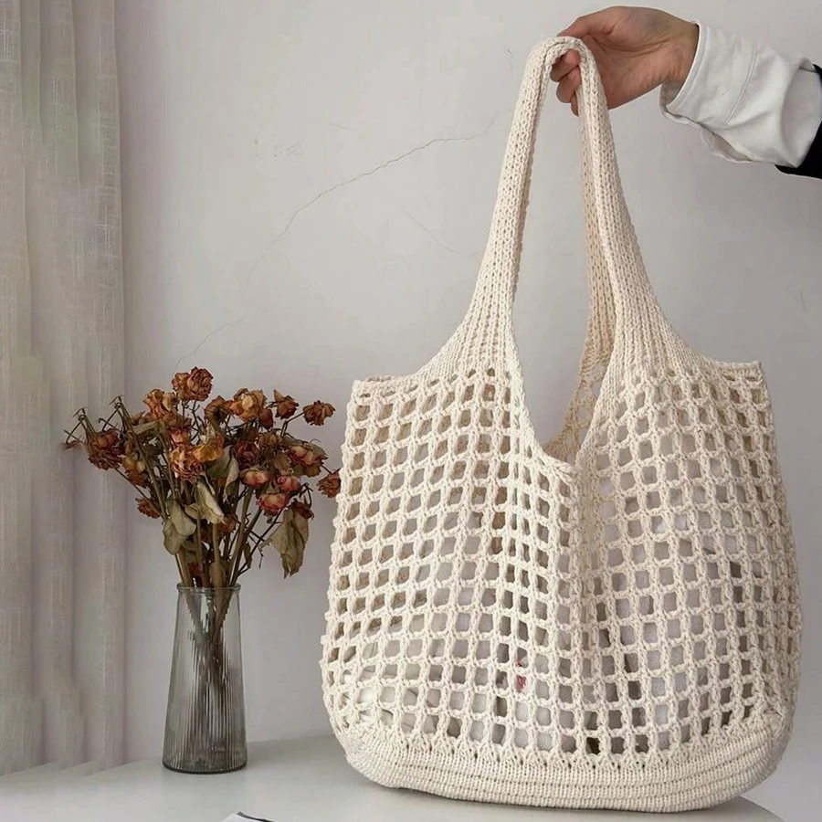 Vintage woven bag female beach skeleton bag commuter shoulder shopping bag simple large capacity knitted Tote bag