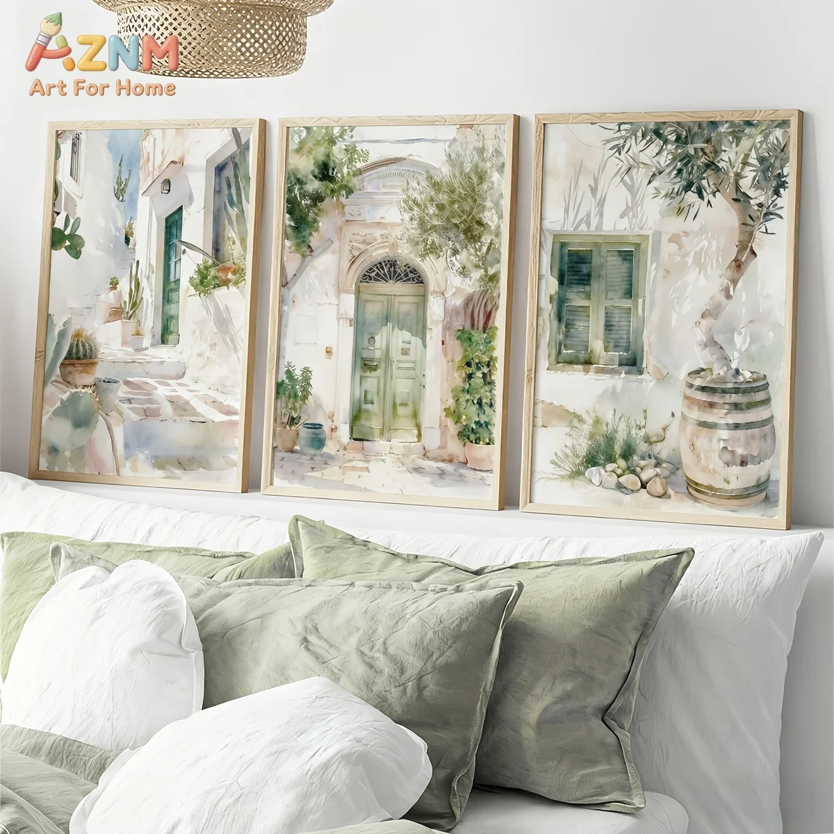AZNM Watercolor Mediterranean Village Street Canvas Print, Boho Greek Italian Coastal Wall Art, Frameless Minimalist Decor for L