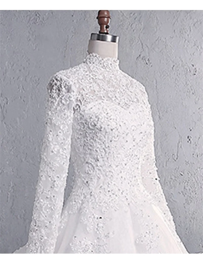 Luxuriöses A-Linien-Hochzeitskleid für Damen, Stehkragen, volle Ärmel, applizierte Spitze, Perlen, Brautkleid, formelle Geburtstags-Robe auf dem roten Teppich