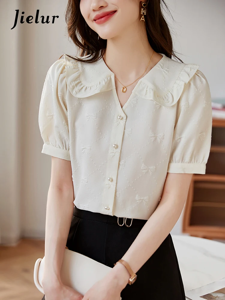 

Jielur Korean Style Slim Puff Sleeve Female Blouse Chiffon Button Peter Pan Collar Women Blouses Office Lady Solid Color Shirt