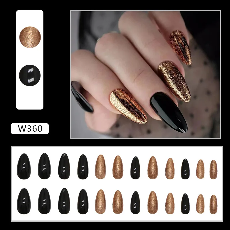 24 Pcs Solid Color Press on Acrylic Nails Set with Glue Included Almond Black Gold Artificial Self-adhesive Fake Nails for Girls