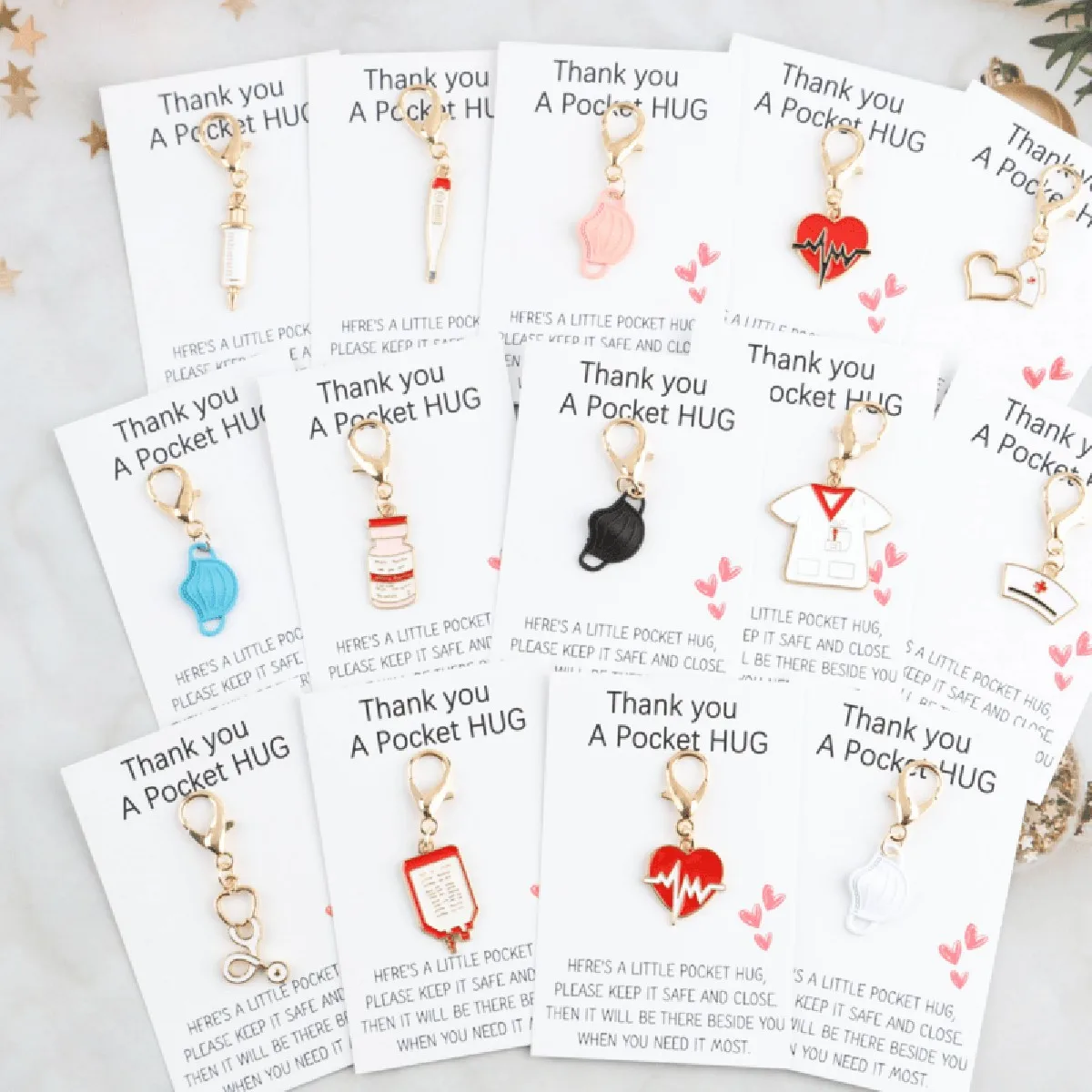 14pcs Medical Keychain Bulk Pack with Thank You Card, Metal Stethoscope Syringe Charm for Nurses Doctors, Hospital Appreciation view 3
