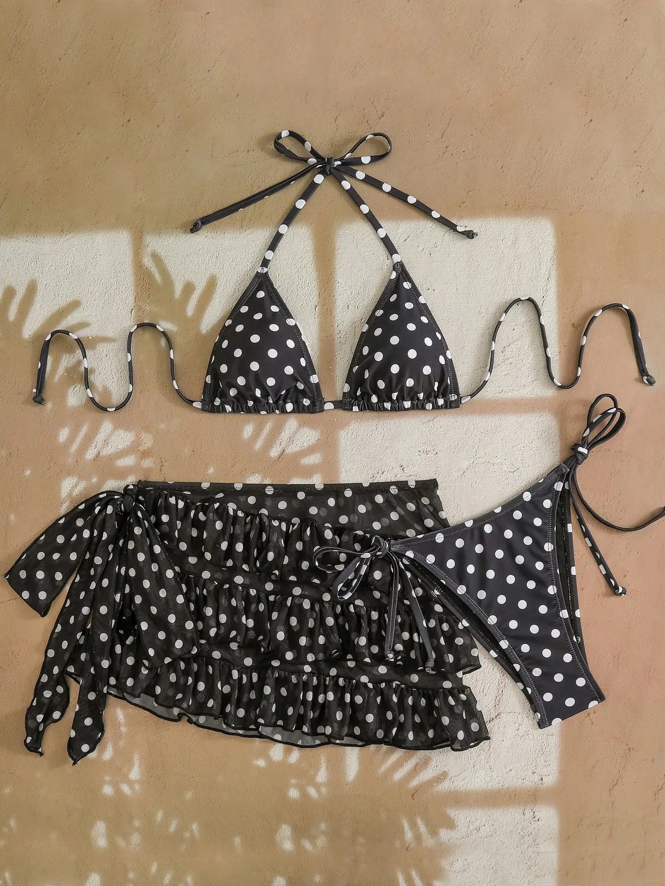

Polka Dot Halter Backless Sexy 3 Piece Bikini Set With Ruffled Skirt