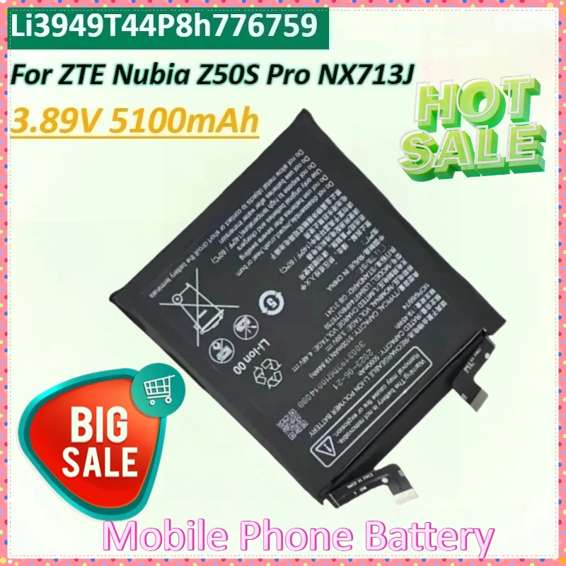 

New Li3949T44P8h776759 3.89V 5100mAh Mobile Phone Battery for ZTE Nubia Z50S Pro NX713J Mobile Phone 68/1ICP6/74 Batteries