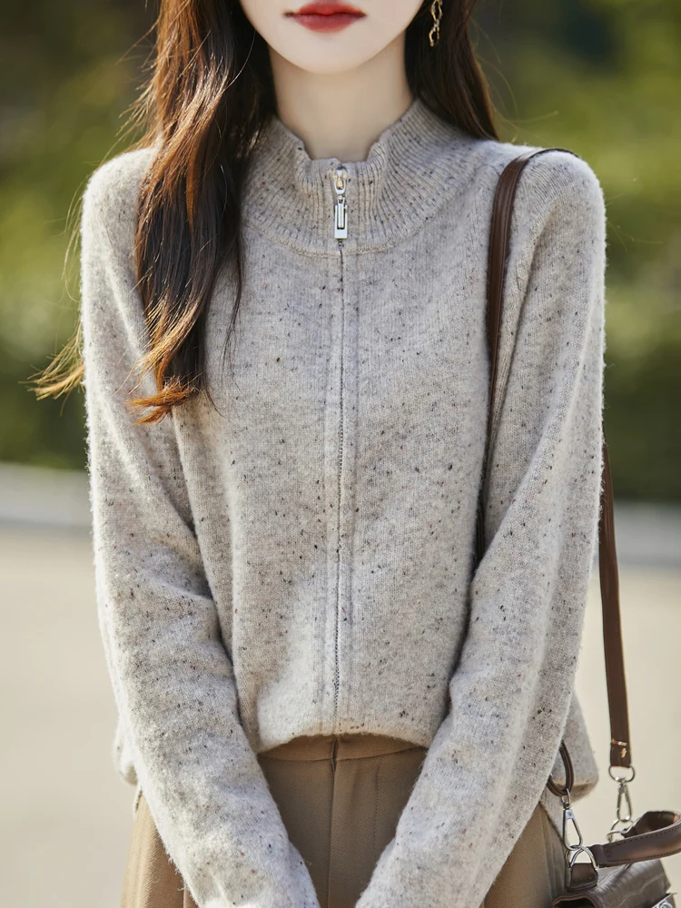 Women's Cardigan Mock‑Neck Autumn Winter Knitted Sweater Simple 100% Merino Wool Soft Warm Comfort Grace Clothing Tops