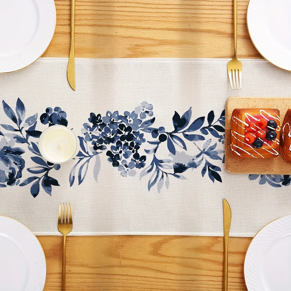 Boho Blue Flowers Linen Table Runners Dresser Scarf Table Decor Kitchen Dining Table Decor Farmhouse Holiday Wedding Party Decor