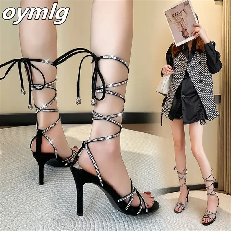 Rhinestone Sandals Women's 2024 New Snake-shaped Wrapped Strap Sexy High Heels Roman Slim Heel Open Toe Sandals