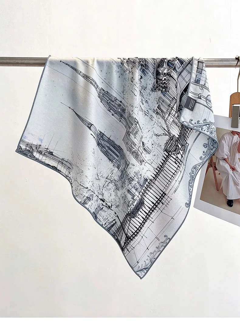 Womens Silk Wool Neckerchief Retro City Building Sketch Print Square Scarf Double Sided Bandana for Neck and Bag Decoration