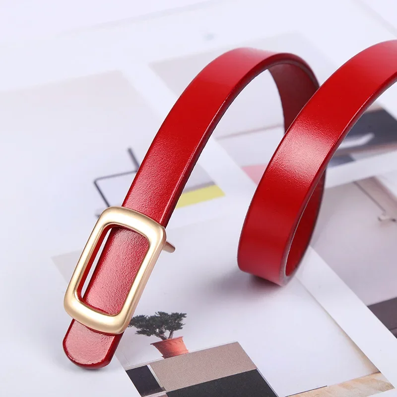 YBE2499 Leather Belts for Women Square Buckle Thin Belts Cowhide Simple Fashion Dress Suit Sweater Decorative Waist Belt White