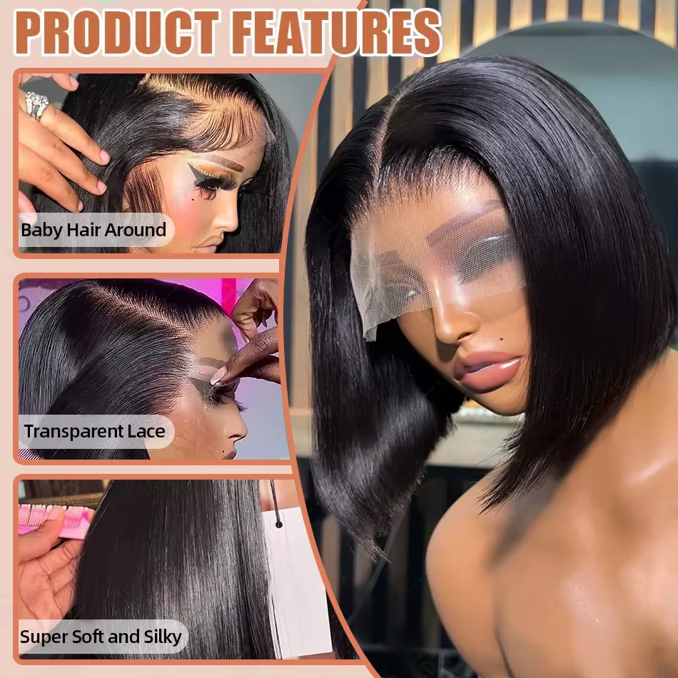 숏밥 250% 밀도 13x4 HD 레이스 프론트 인모 가발 여성용 스트레이트 브라질리언 레이스 프론탈 가발 글루리스 클로저 가발