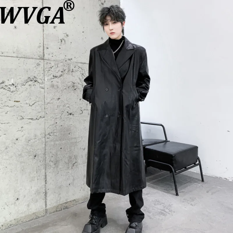 

WVGA Autumn Winter New Man Double-Breasted Mid-Length Trendy Trench Coat Niche Chic Casual Washed Leather Suit Jacket Ins W12457