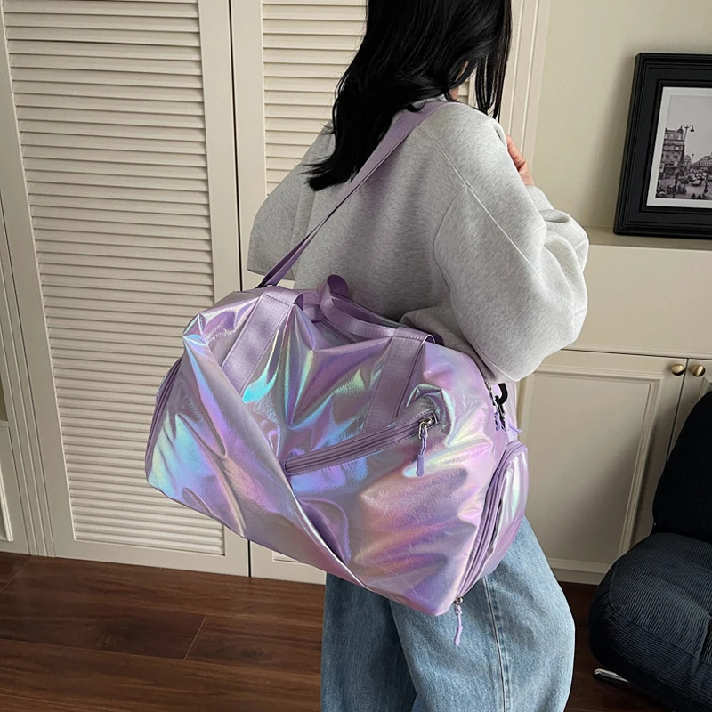 حقيبة يد لامعة حقيبة اللياقة البدنية الصالة الرياضية اليوغا حقائب التدريب النساء الرقص Crossbody حزمة مع جيب الأحذية سعة كبيرة السفر القماش الخشن #5