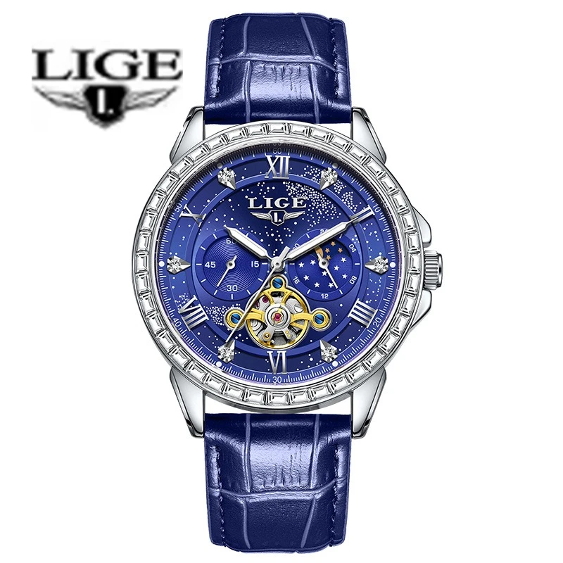 LIGE Men Quartz Watch, Starry Sky Hollow Dial, Diamond Bezel, Blue Leather Strap, Waterproof Luminous Male Business Wristwatch