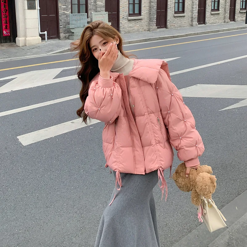 Short Down Jacket for Women, Korean Doll Collar, Elegant Pearl Outerwear, Thick Loose Warm Snow Jackets, Female Winter Coats