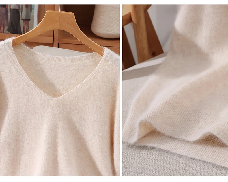Damen 100% Reiner Nerz-Kaschmir V-Ausschnitt Pullover T-Shirt Einfarbig Gestrickt Modisch Vielseitig Kurzärmeliger Pullover – Detail 13