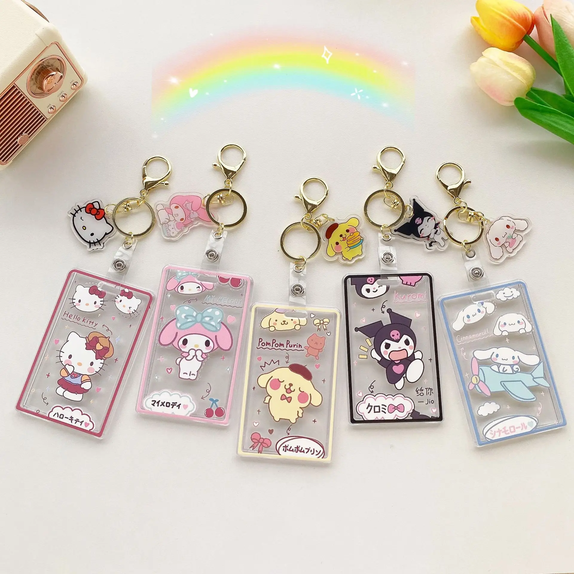 Kawaii Anime Card Case Sanrioed My Melody Kuromi Cinnamoroll Cute Cartoon Easy Pull Keychain Card Case Pendant Birthday Gift