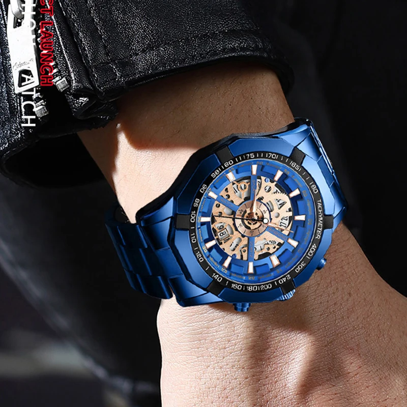 2024 Binbond Mens Watches Top Brand Luxury Stainless Steel Waterproof Hollow Out Blue Big Male Wristwatches Relogio Masculino