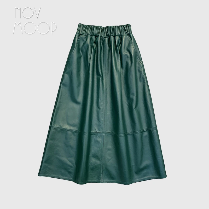 Novmoop women genuine leather skirt elastic waistband graceful green black color french simple chic style LT3561