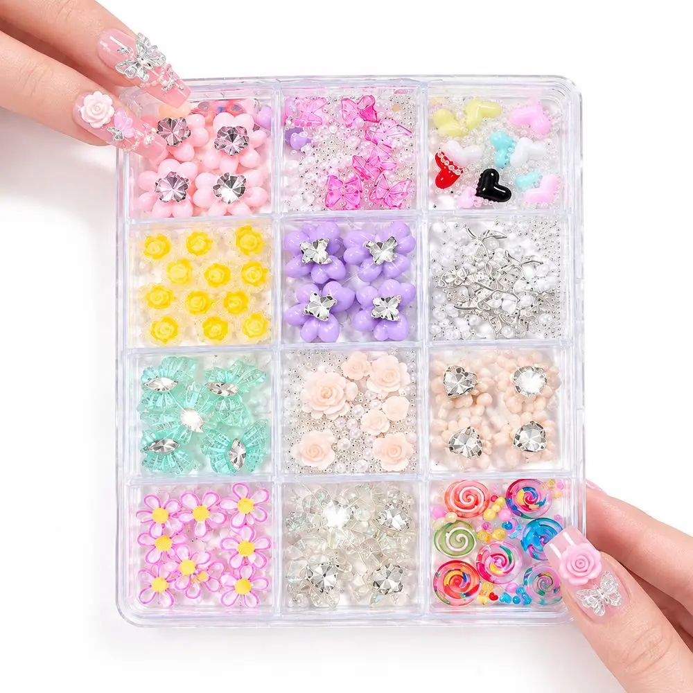 Assorted 3D Resin Nail Charms 12Grids Box Multi‑Style Flower Butterfly Heart Candy Charms For Professional Salon Nail Supplies