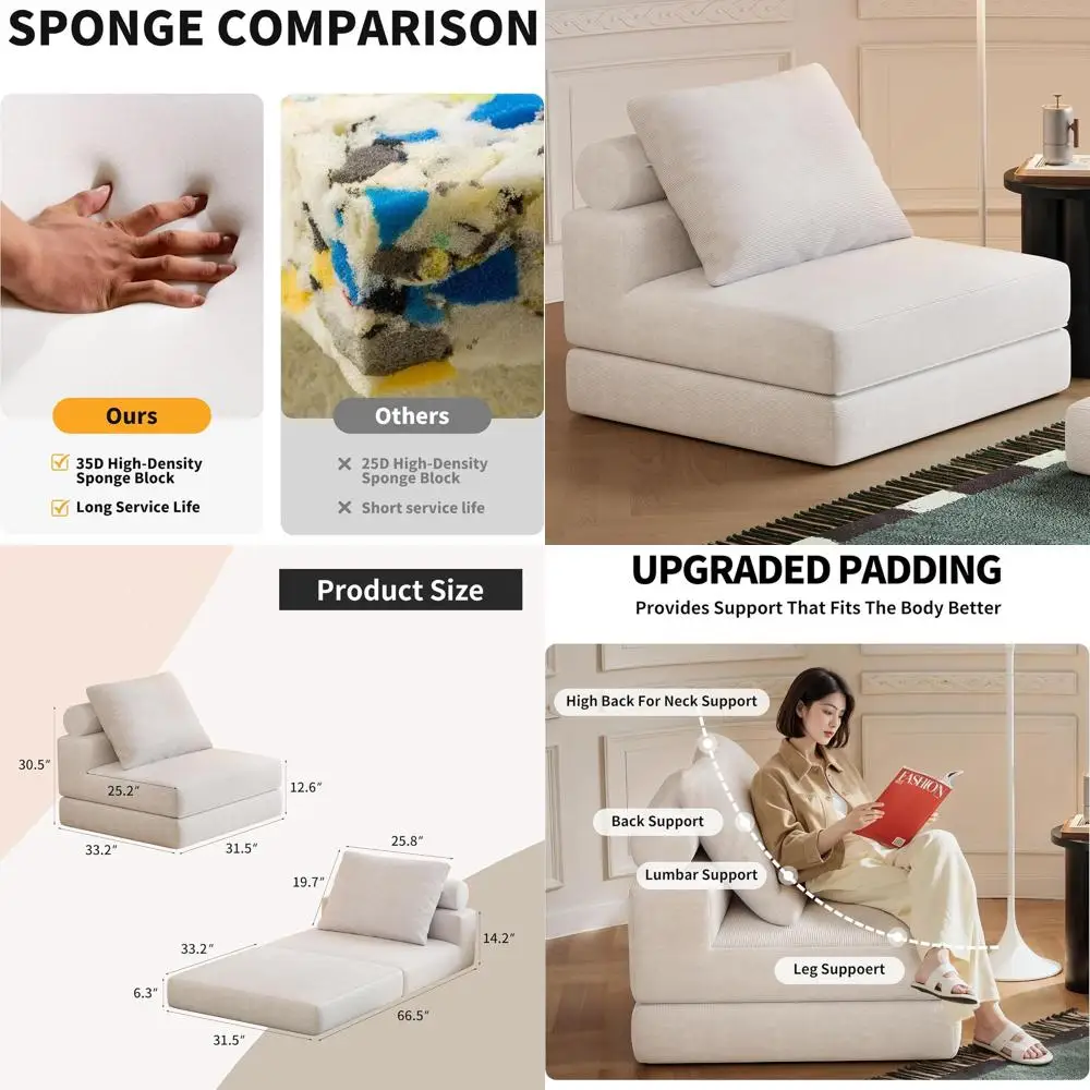 

Кресло-кровать-трансформер с подушками - Односпальный напольный диван/Компактный диван-оттоманка с наполнителем из высокоплотного пенополиуретана для отдыха