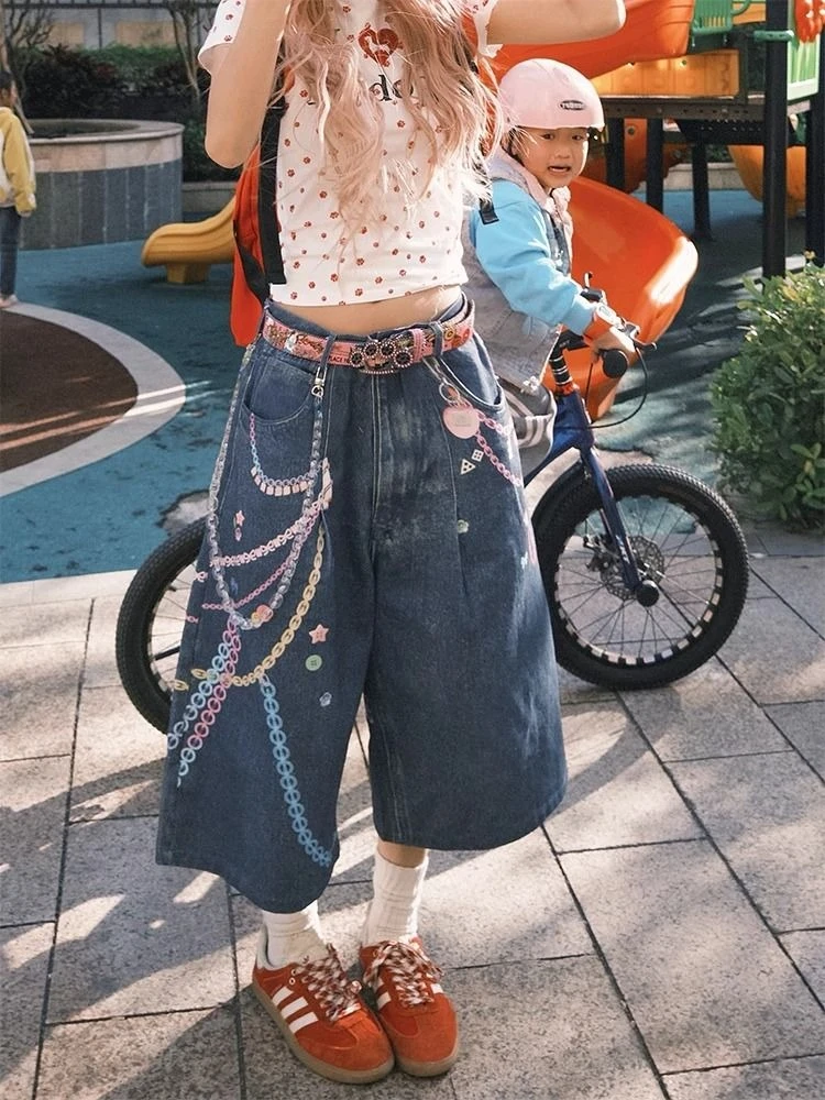 

American Vintage Chain Print Calf-Length Pants Women Streetwear Loose Wide Leg Denim Shorts Women Casual Spring Summer 2026