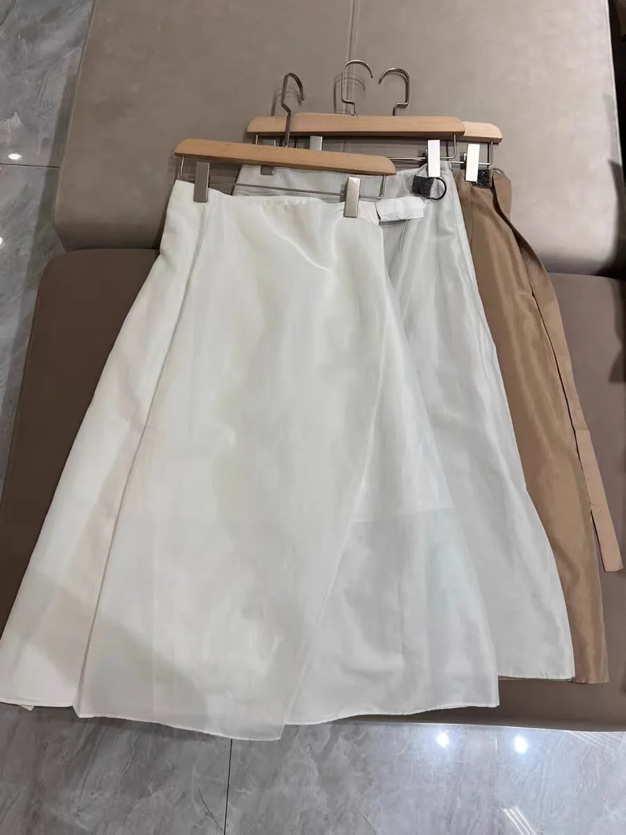 

Women Solid Color Midi Skirt High Waist A-Line Elegant Female Jupe
