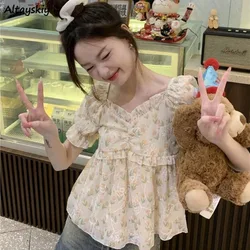 Blouses Women Sweet Floral Puff Sleeve Ruffles Loose Summer Korean Fashion Girlish Age-reducing Students Attractive Trendy BF