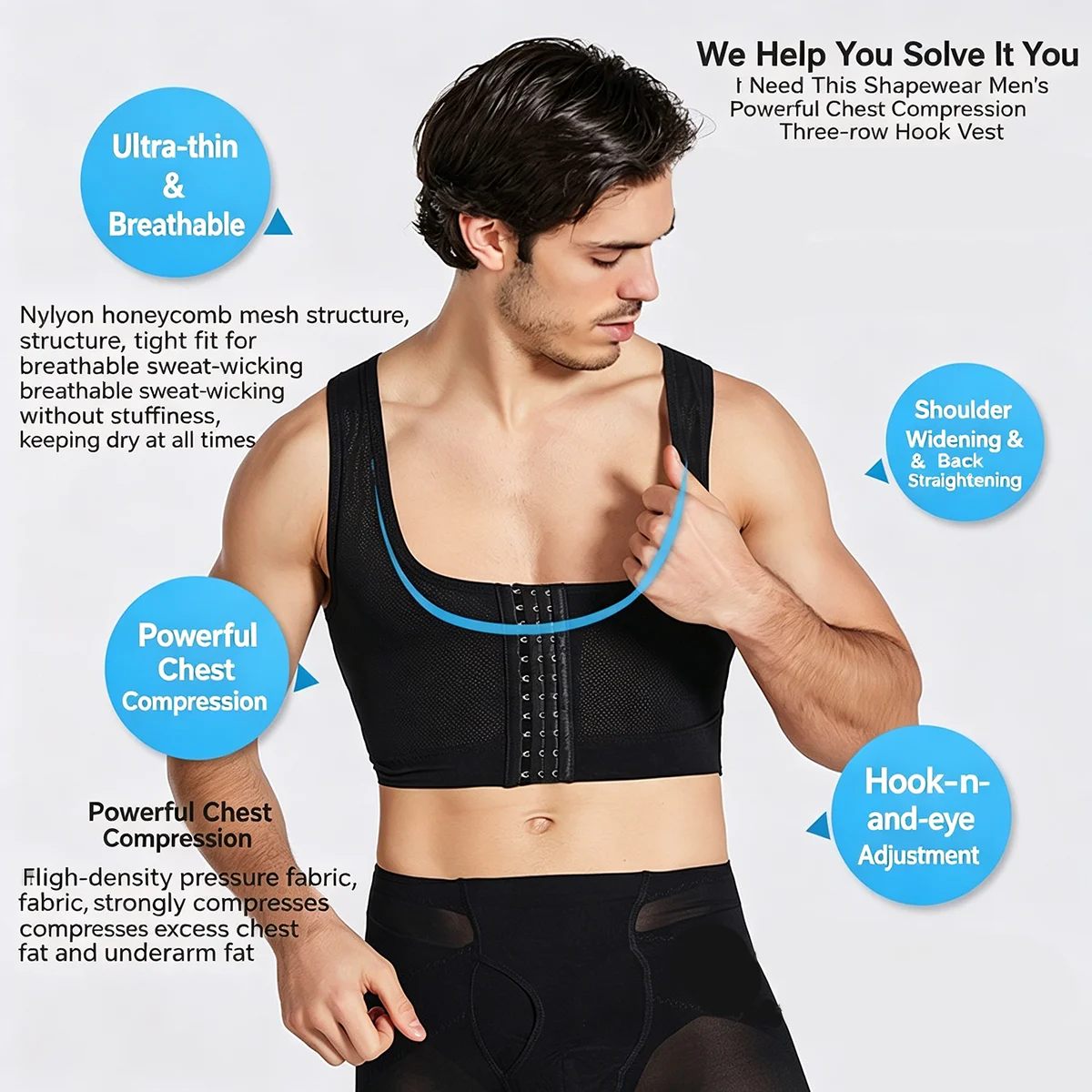 Men's Chest Vest Sweat Bandage Tight-Fitting Body Shaper Corset Support Belt Compression Underwear Corrects Posture