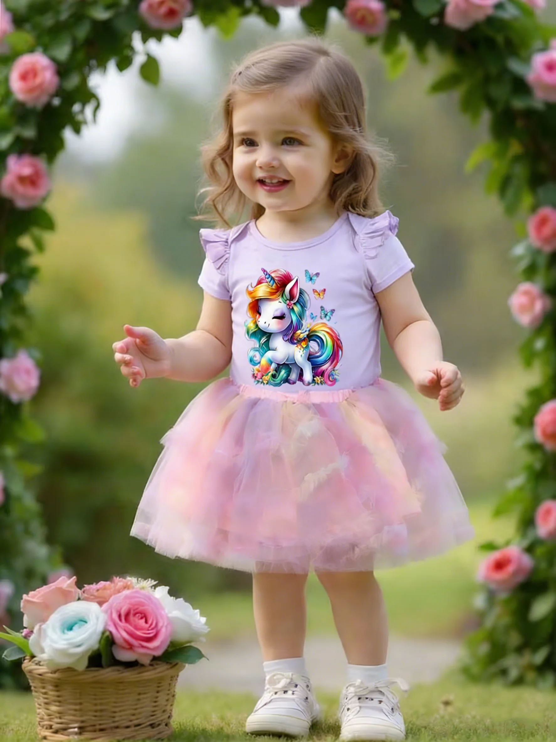 Summer New Arrival Baby Girl Light Purple Tee Pink Tutu Skirt Set Unicorn Print Ruffle Sleeve