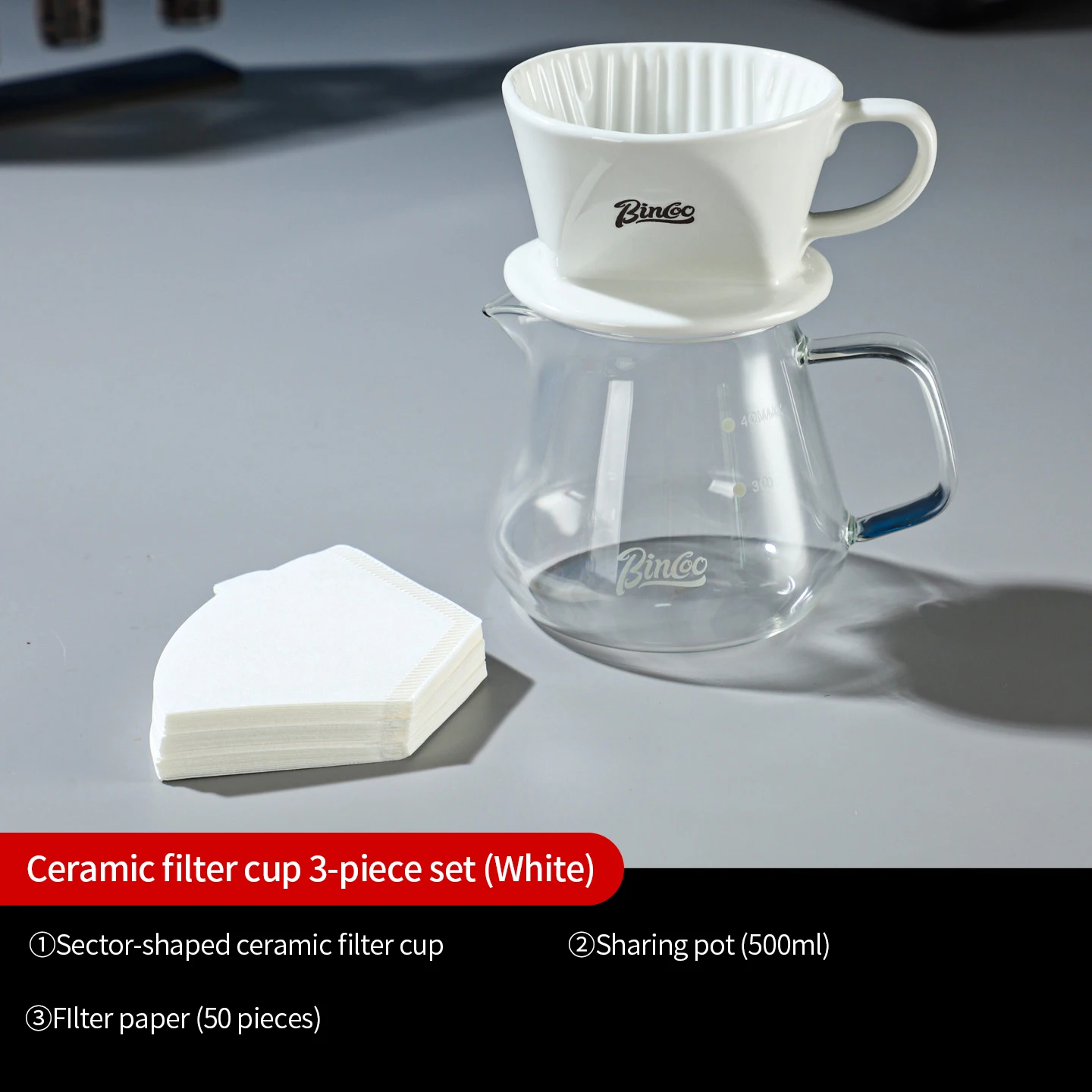 Bincoo Pour Over Coffee Set Ceramic Dripper 500ml Glass Sharing Pot with 50 Pcs Filter Papers Pour Over Coffee Set