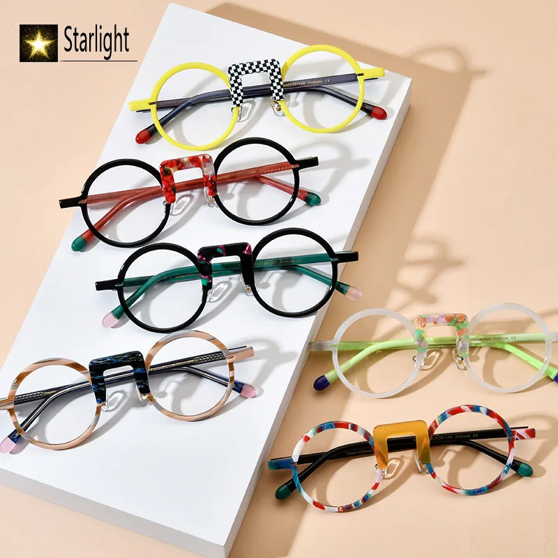 High Quality Small Face Colorful Patchwork Acetate Glasses Frame Men Eyeglasses Frames Women Reading Myopia Prescription 133mm