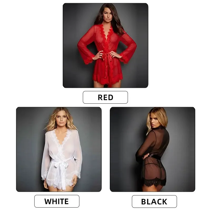 Pijamas para mujer, ropa de dormir, camisón, ropa interior L XL XXL, Blanco, Negro, Rojo, encaje fino, faja de gasa transparente